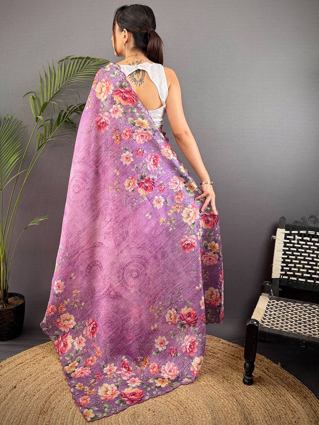 Lavender Kota Doriya Floral Cut Work Saree