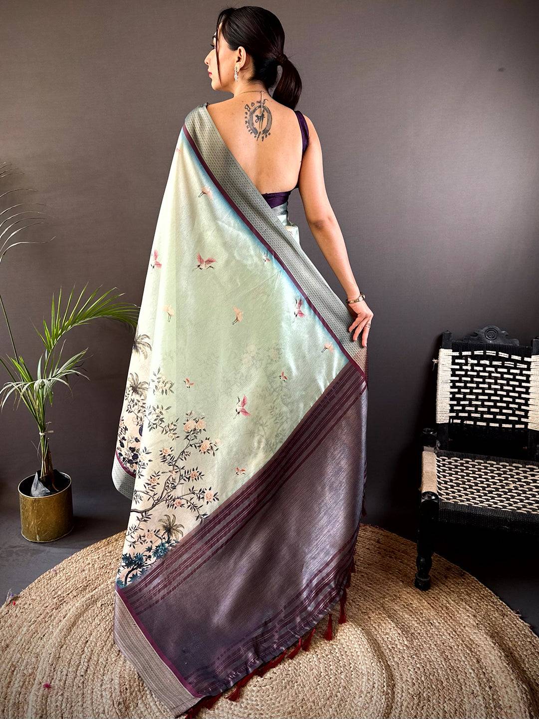 Mint Green Digital Kalamkari Printed Tussar Silk Saree