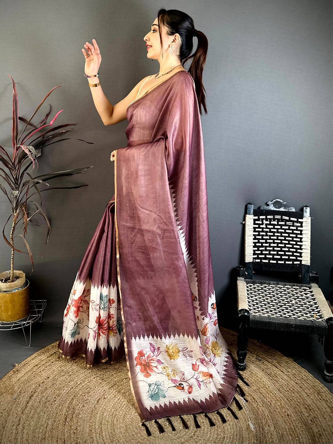 Wine Floral Ikat Linen Chanderi Saree