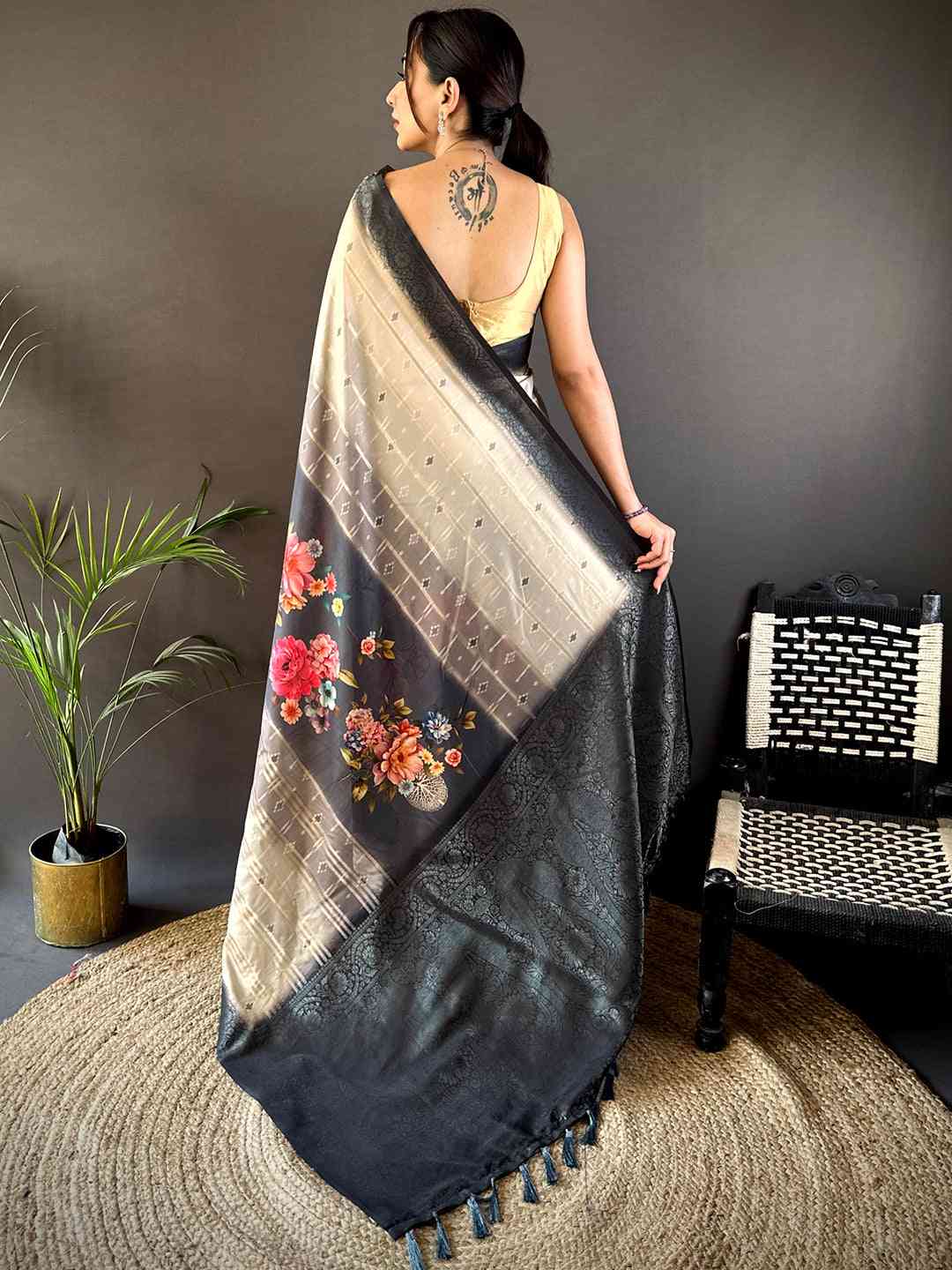 Beige Kalamkari Ombre Crepe Silk Saree