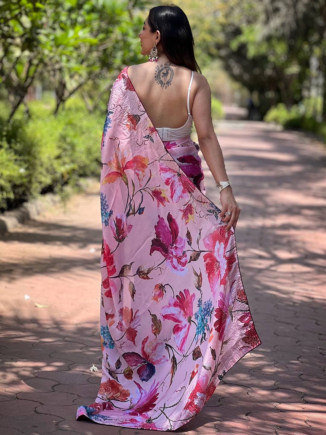 Back view of satin georgette peach floral saree