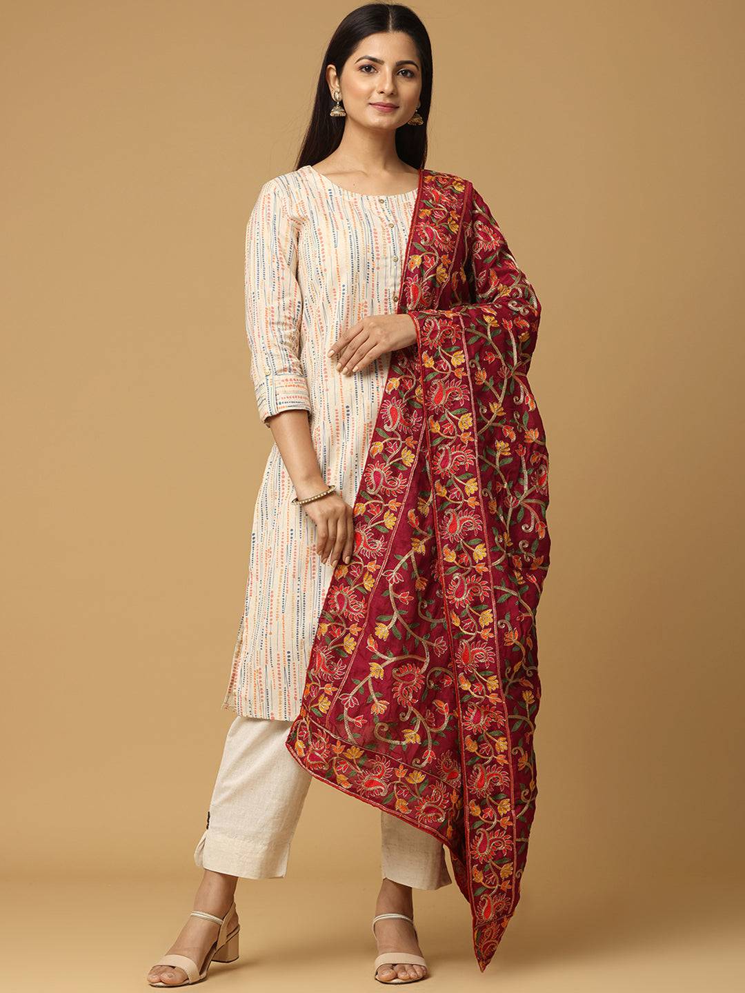 Elegant wine poly chiffon dupatta with intricate embroidery