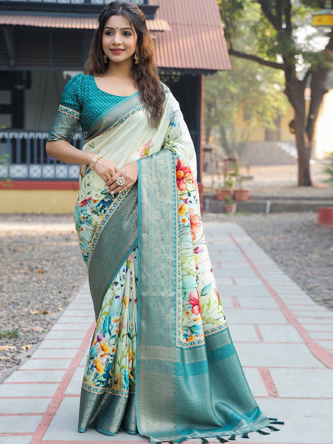 Light Green Colour Phulkari Design Zari Weaving Pallu Saree