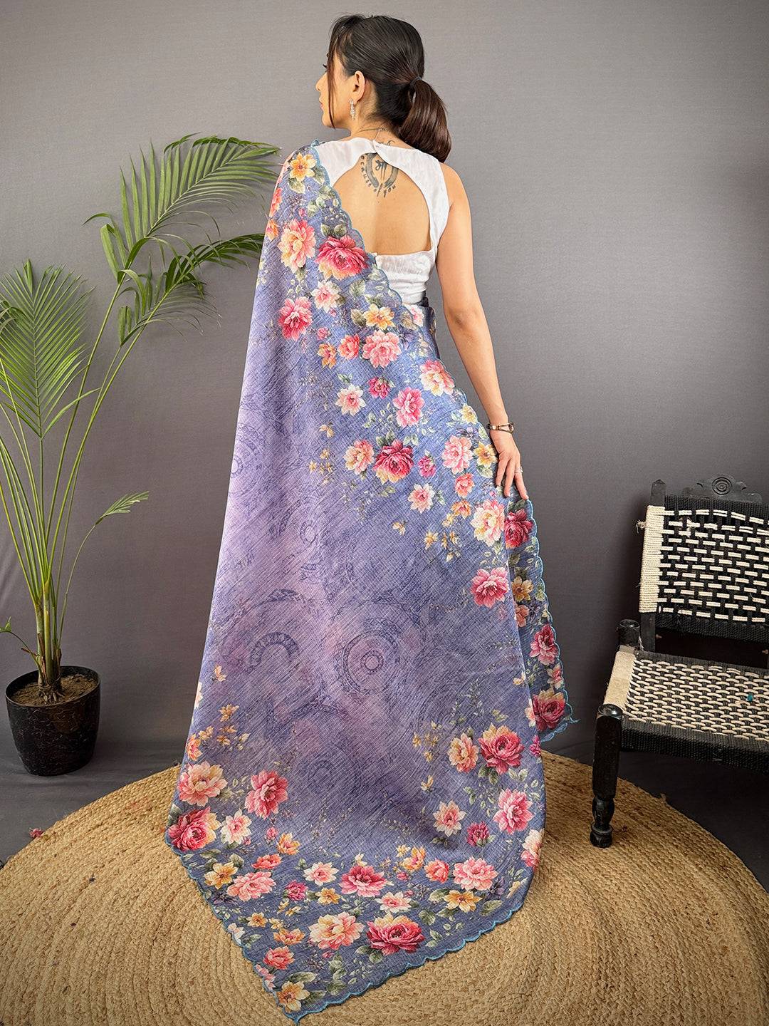 Denim Blue Kota Doriya Floral Cut Work Saree