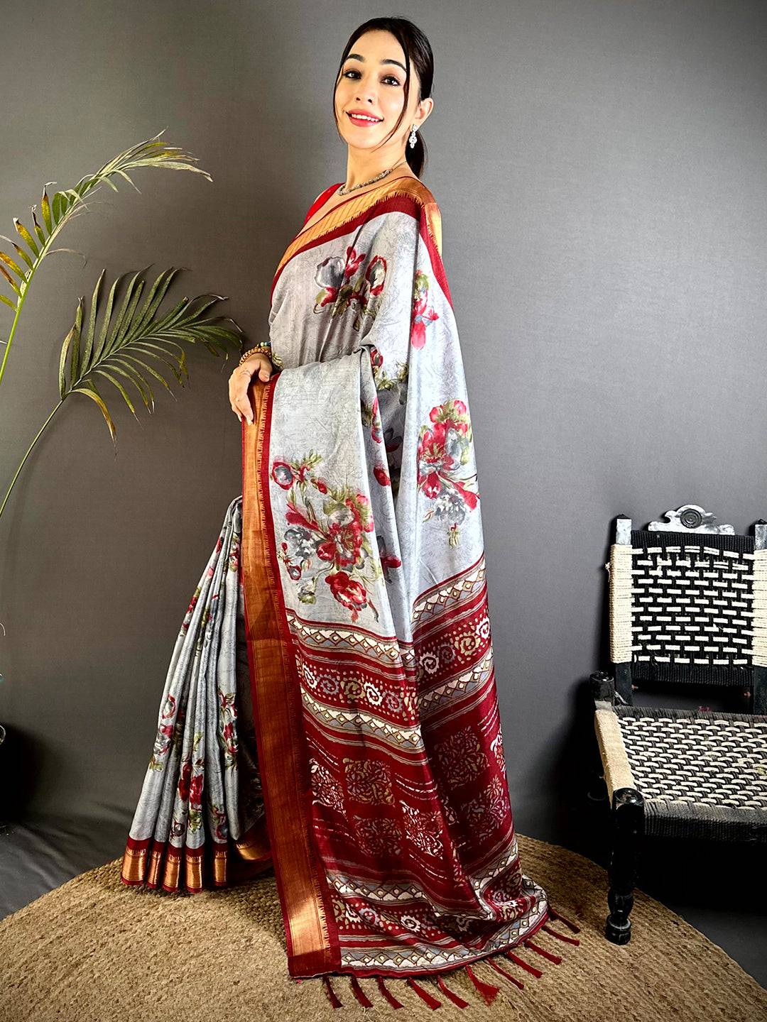 Radiant Red Floral Dola Silk Saree