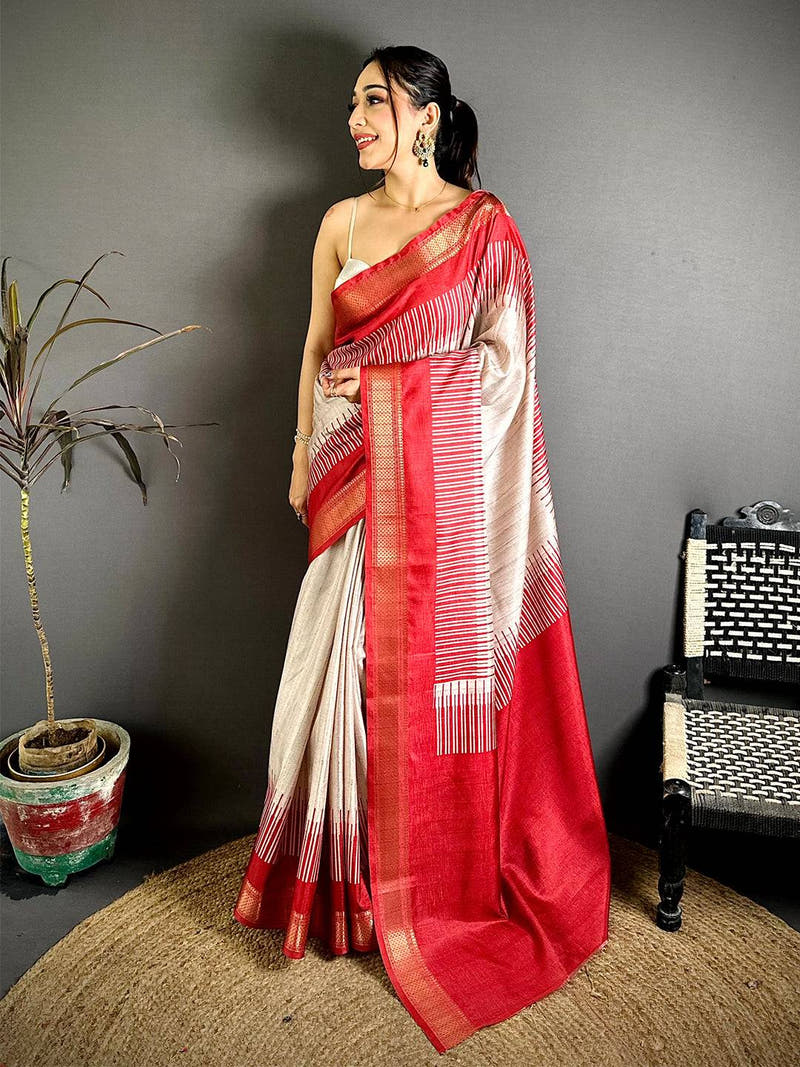 Elegant Tussar Ghicha Ikkat Gold Zari Saree