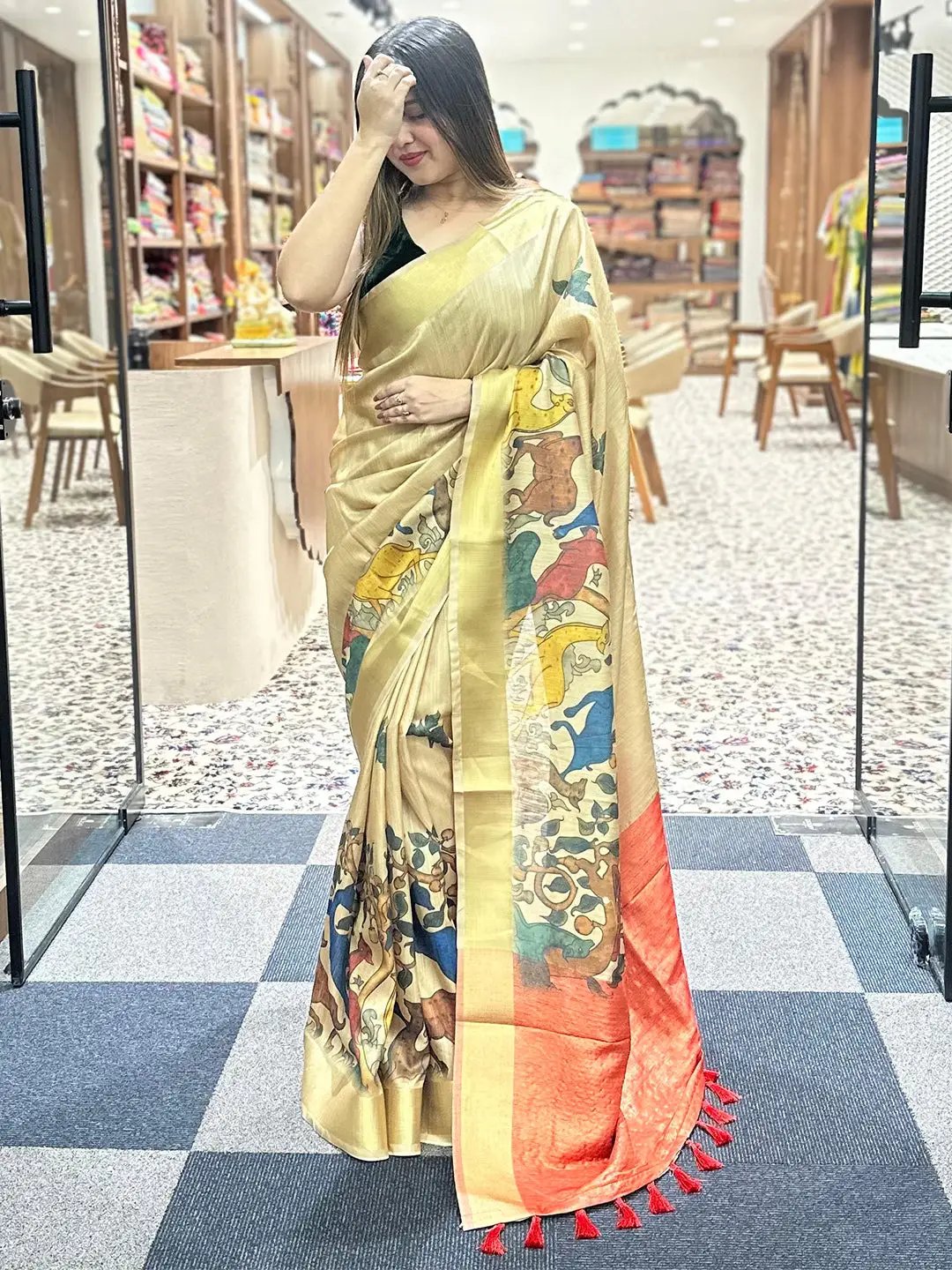 Stylish Kalamkari Linen Tissue Saree with intricate designs