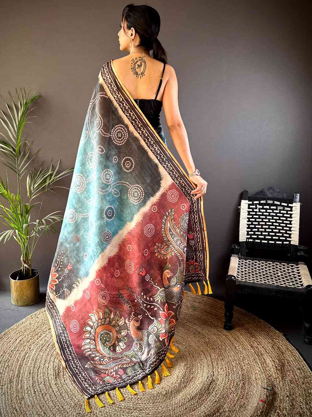 Steel Blue Kalamkari Bandhani Chanderi Saree