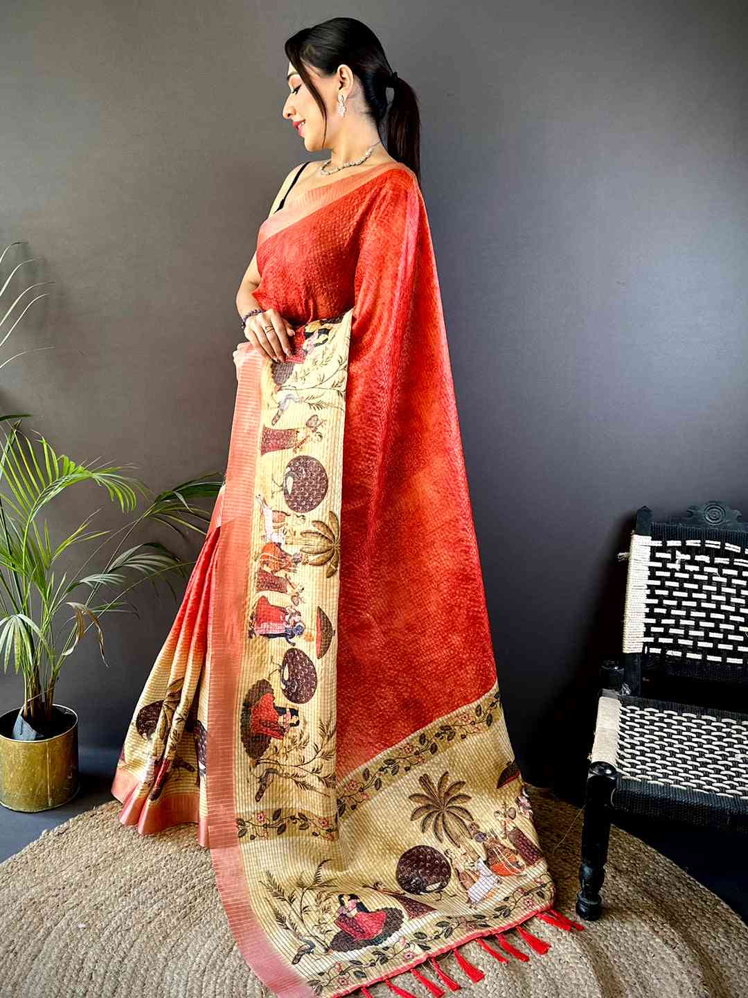 Red Kalamkari Pichwai Black Check Saree
