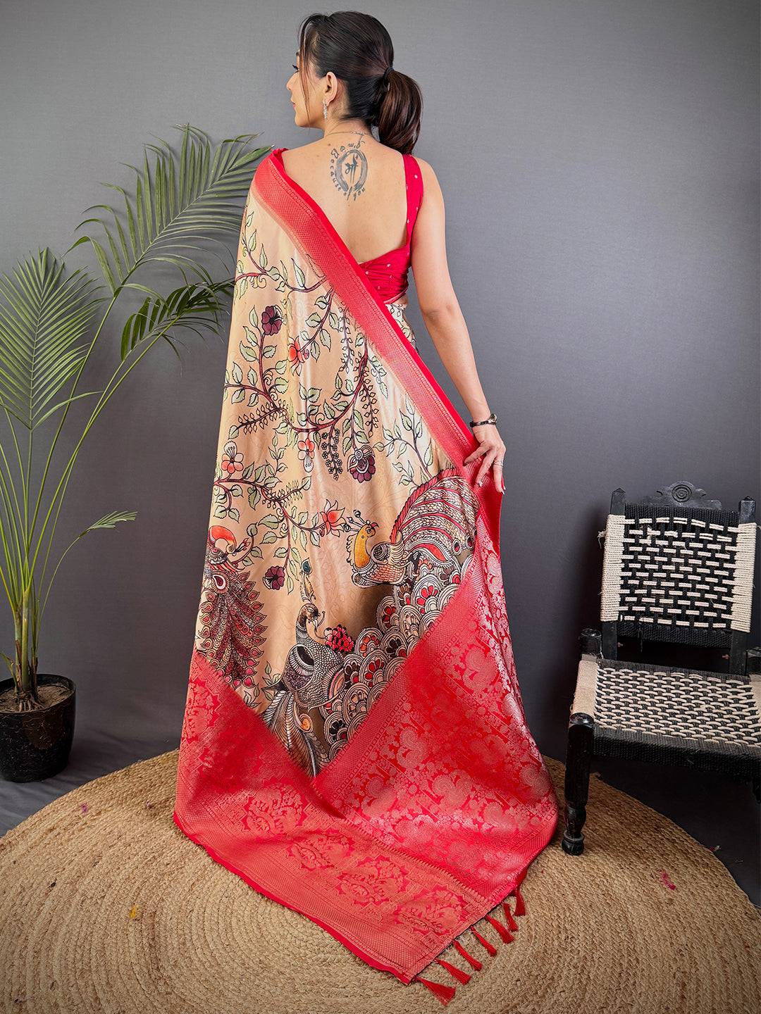 Peach Kalamkari Printed Soft Satin Saree