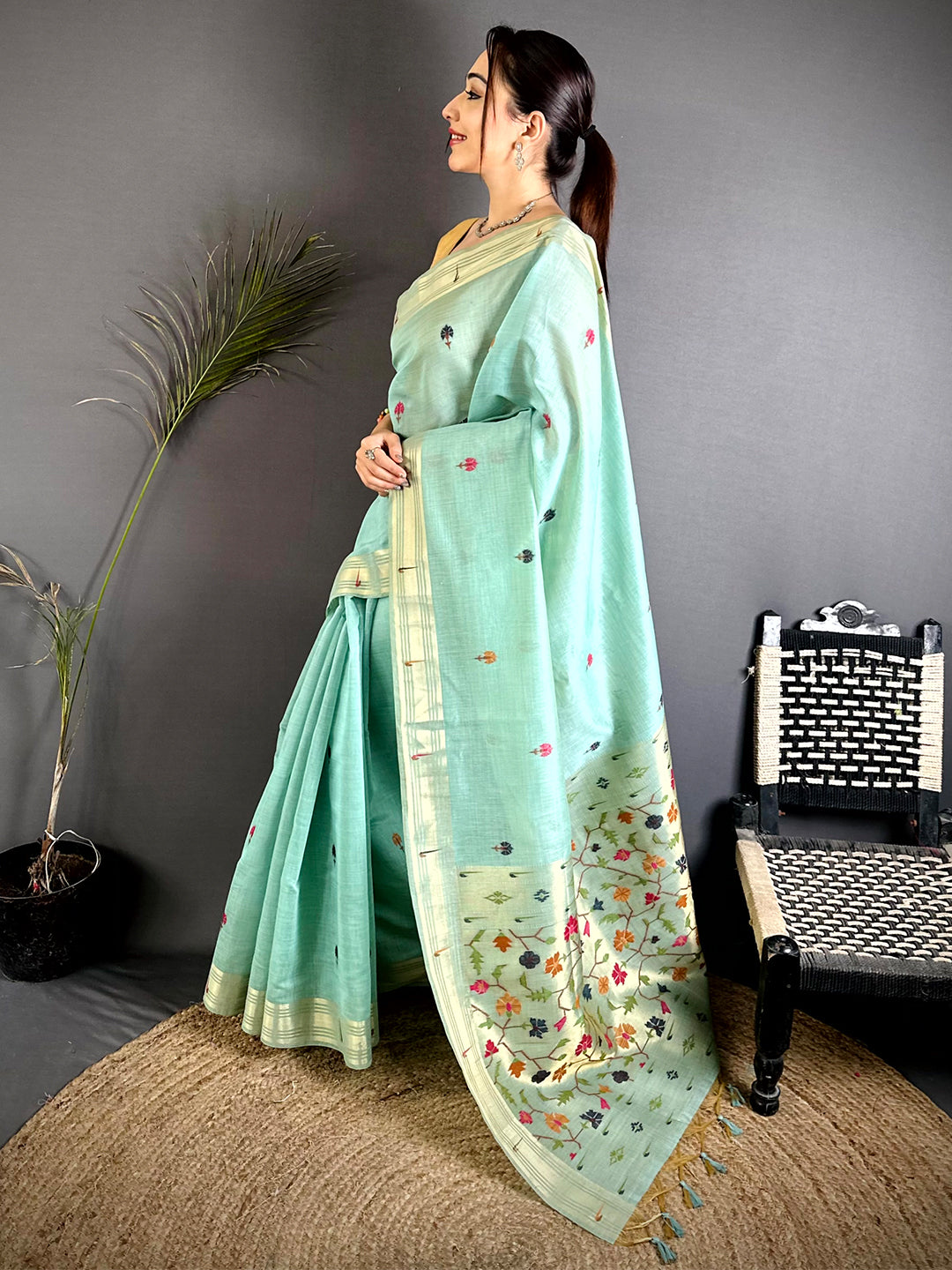 Sky Blue Geometric Patola Khadi Linen Saree