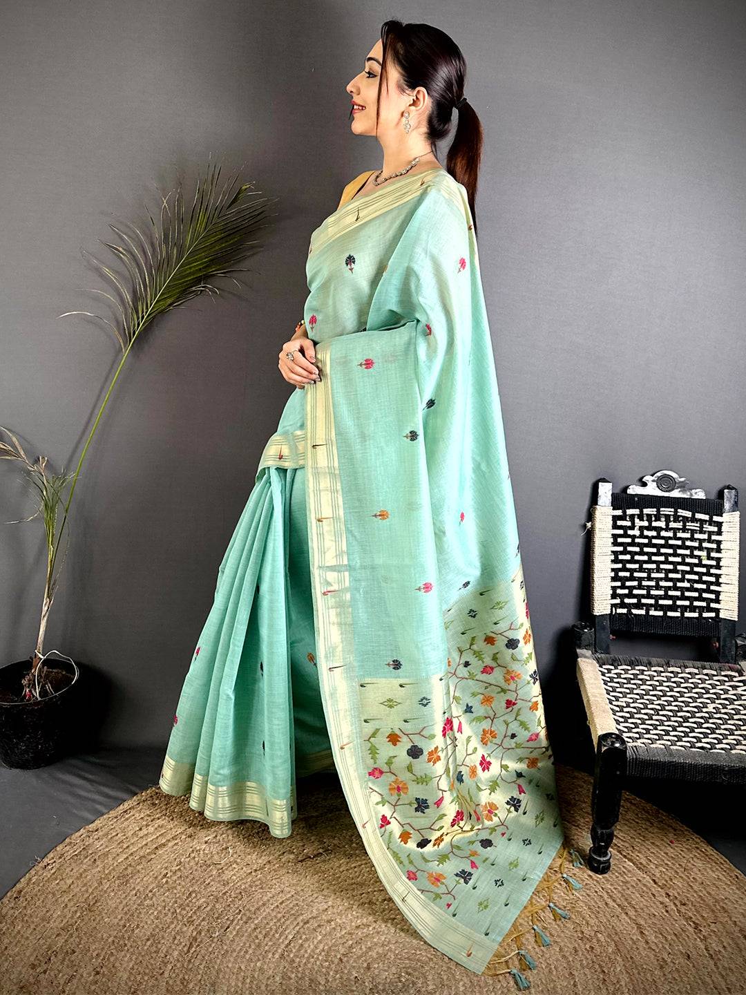 Sky Blue Geometric Patola Khadi Linen Saree