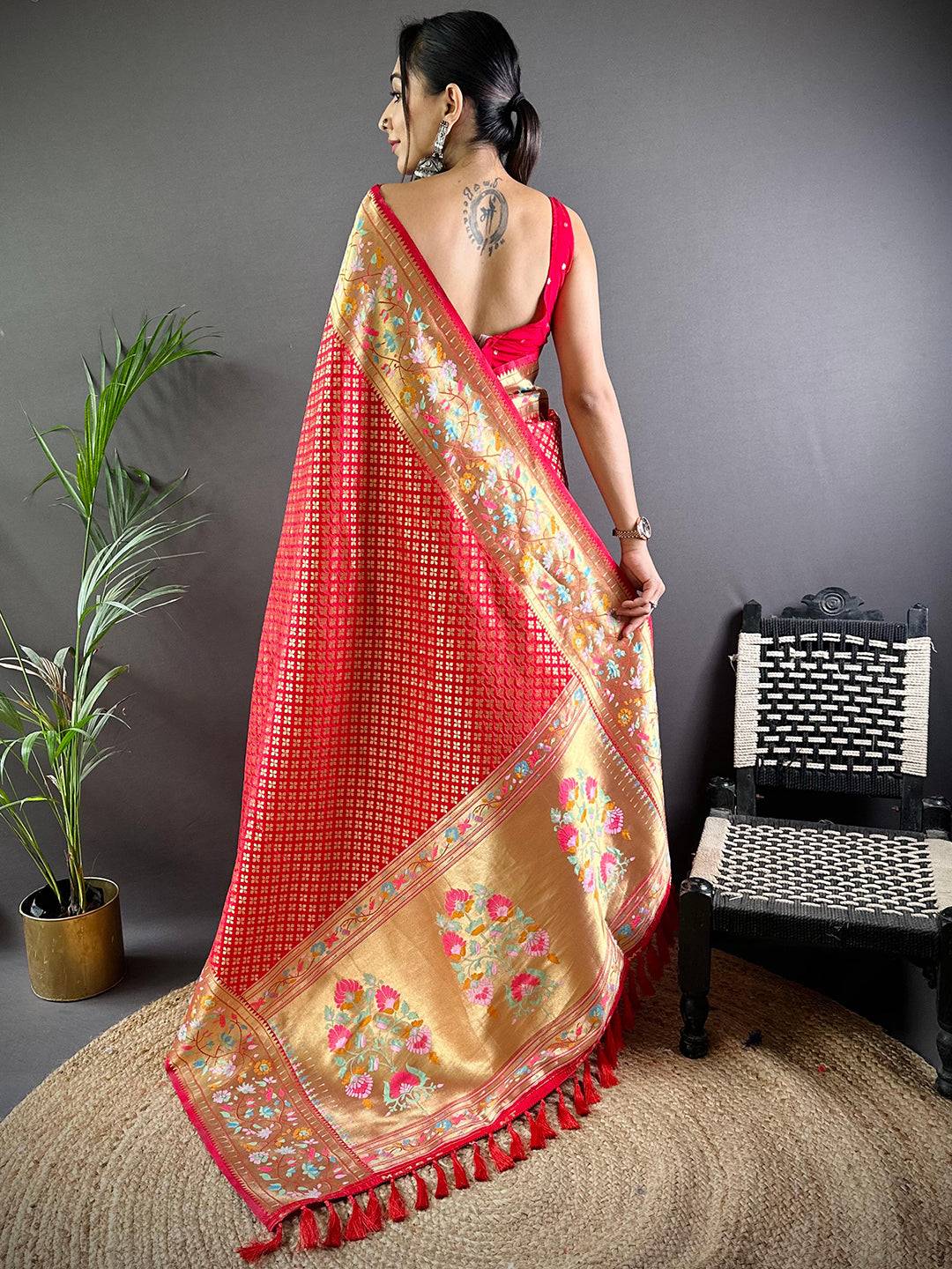 Red Banarasi Mina Kari Katan Silk Saree