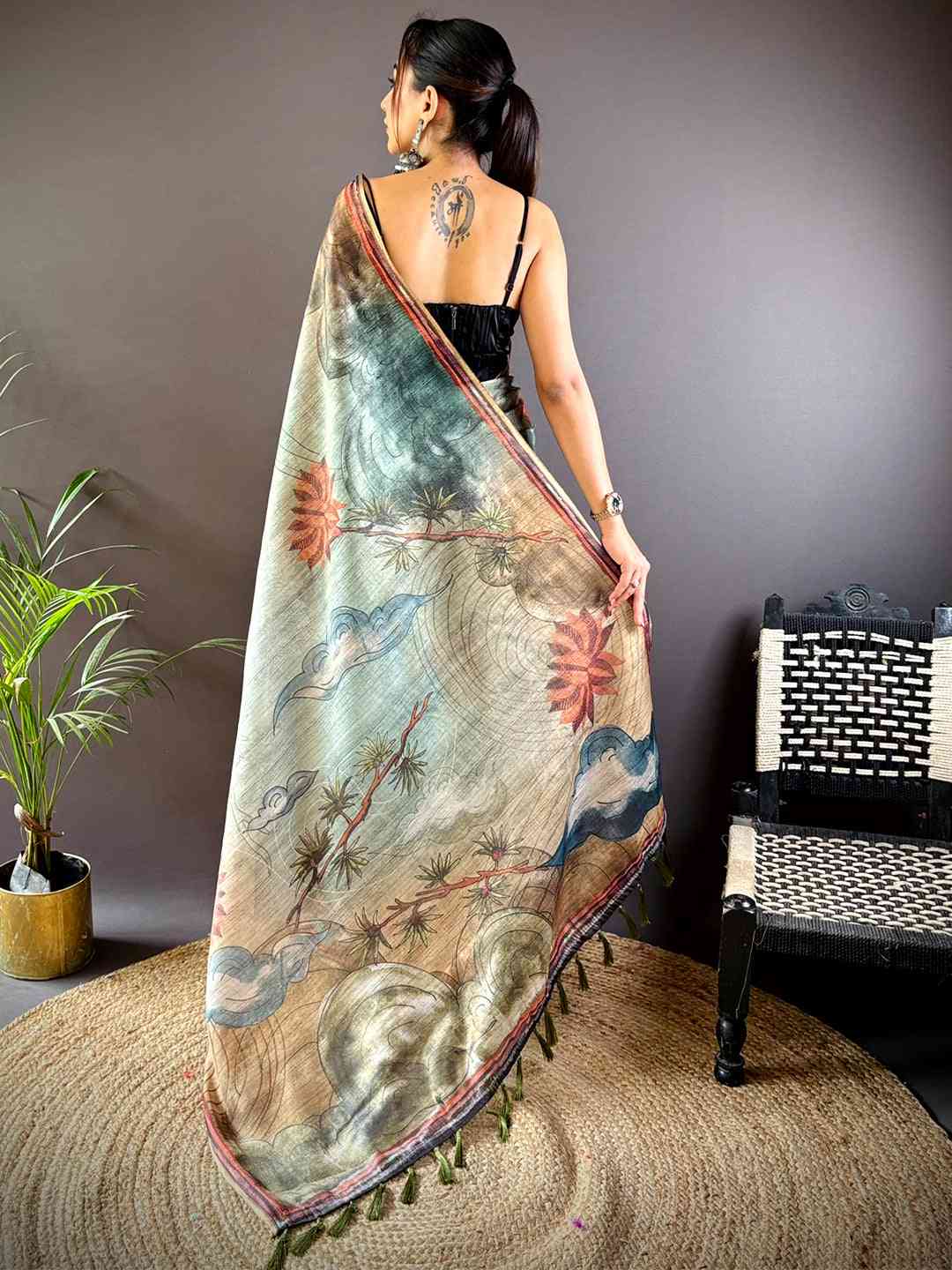 Sky Blue Tissue Chanderi Floral Abstract Saree