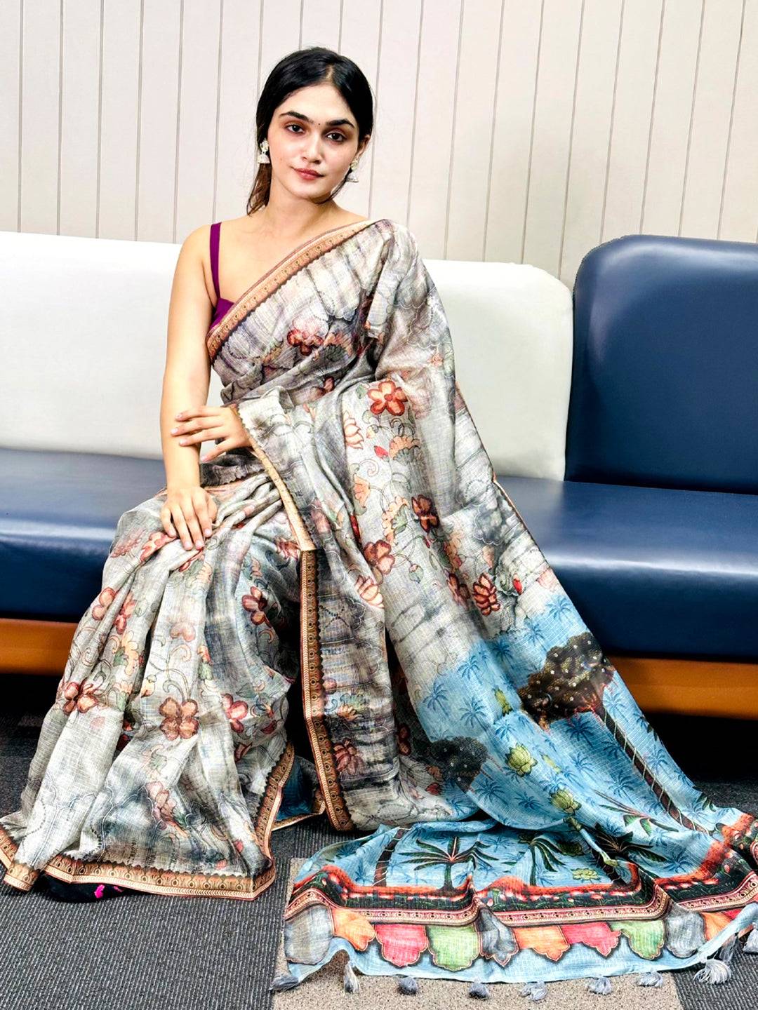 Grey Kota Doriya silk saree with floral print draped elegantly