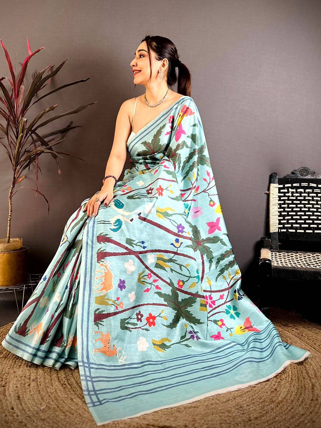 Royal Aqua Blue Ikkat Soft Tussar Saree