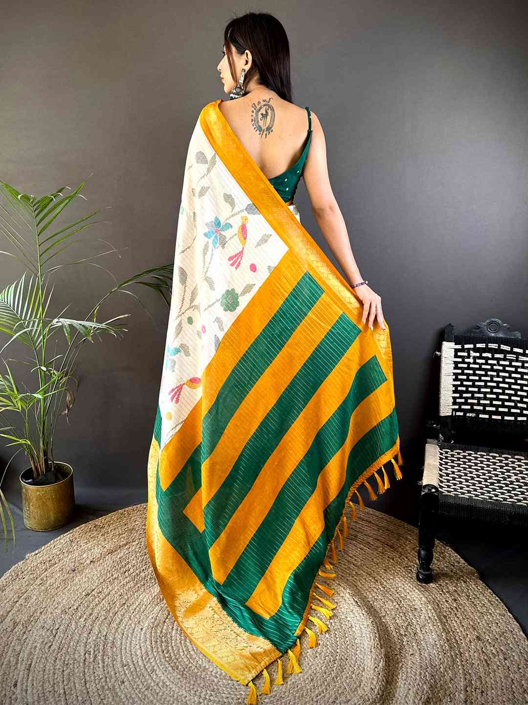 Mustard Dola Silk Bird Print Saree