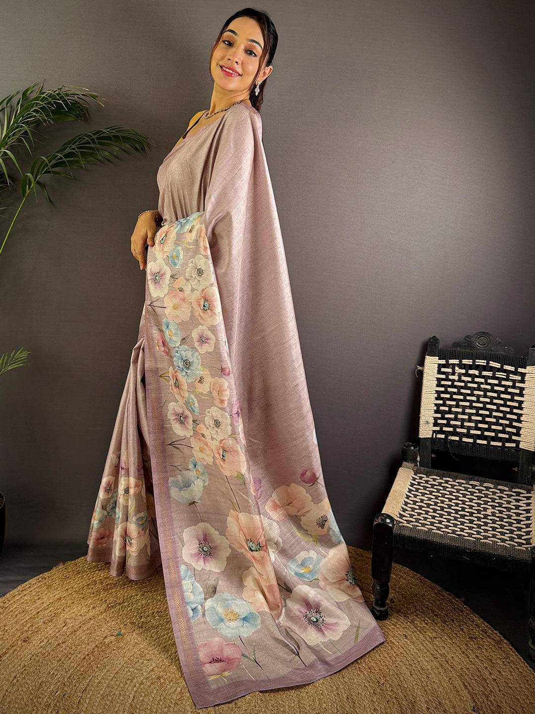 Light Purple Tussar Ghicha Silk Saree