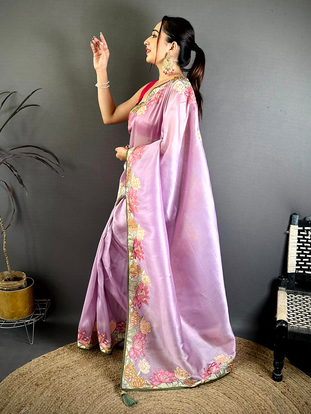 Purple Silky Tissue Resham Border Saree