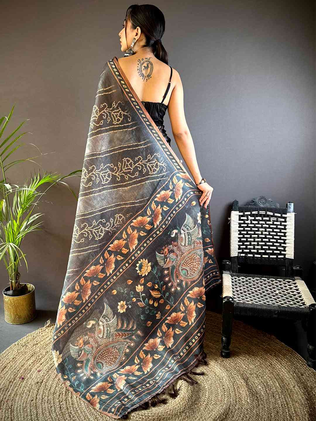 Grey Chanderi Bandhej Digital Print Saree