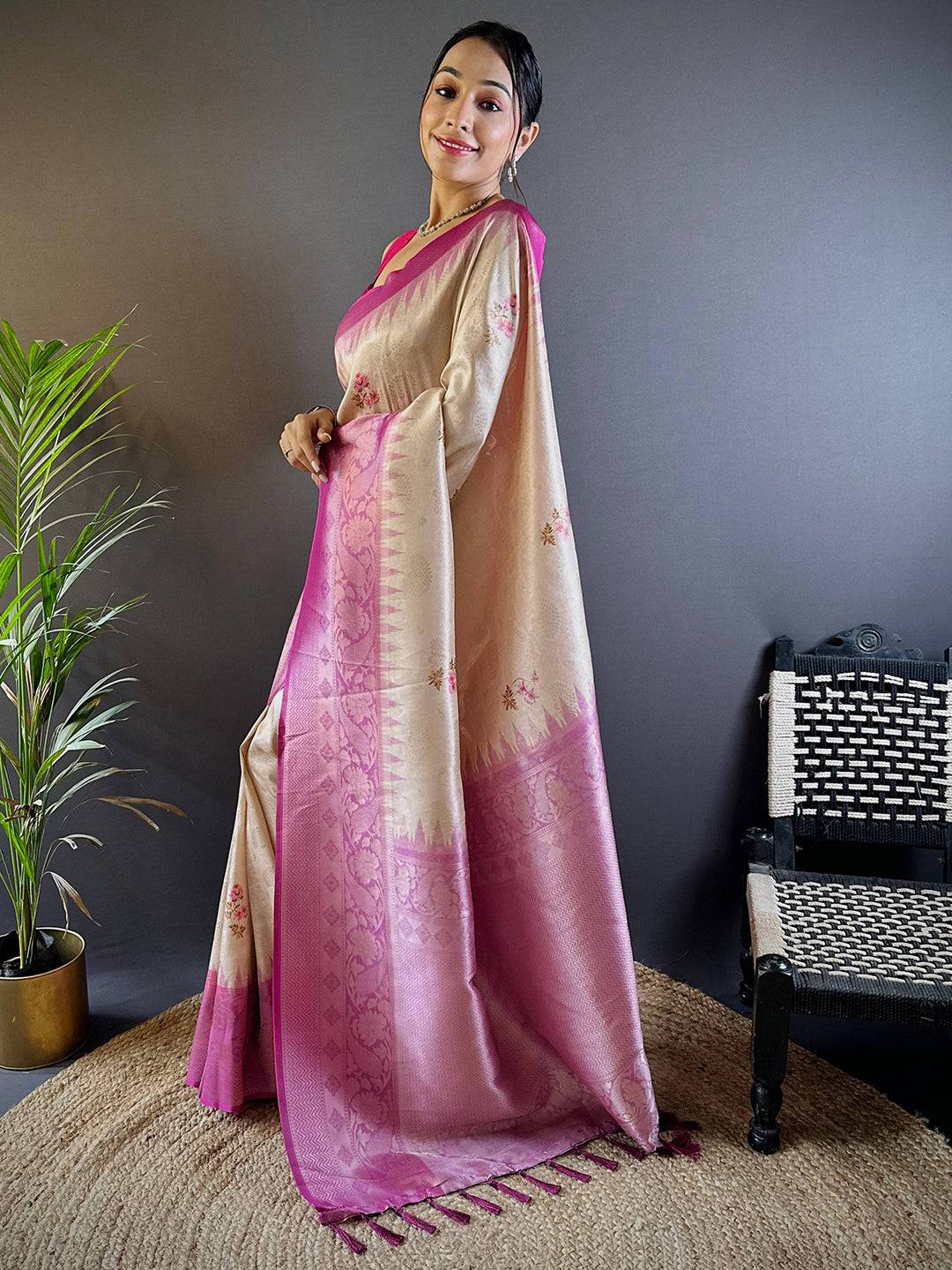 Digital Print Beige Color Silk Saree