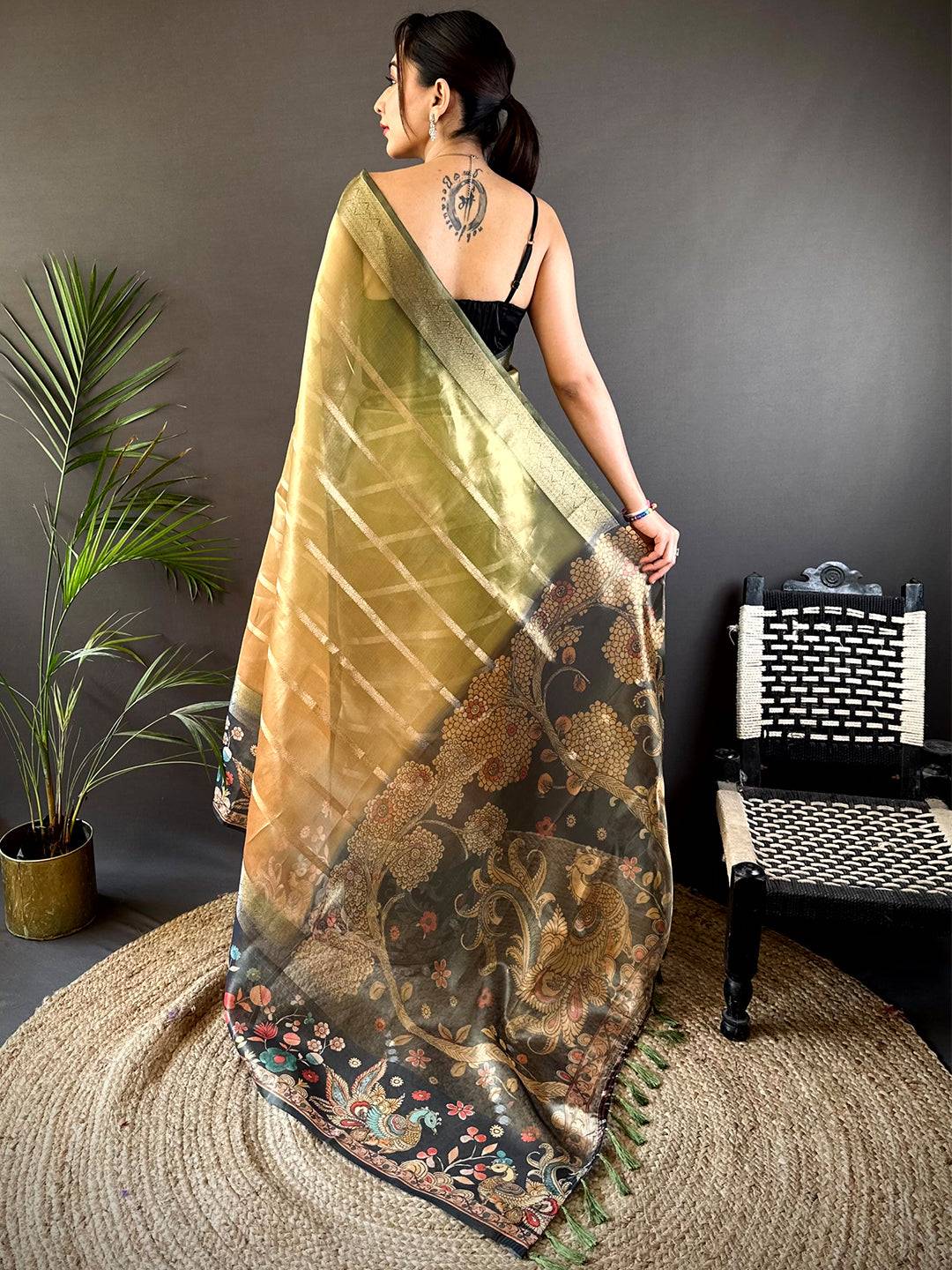 Green Tissue Kalamkari Print Saree