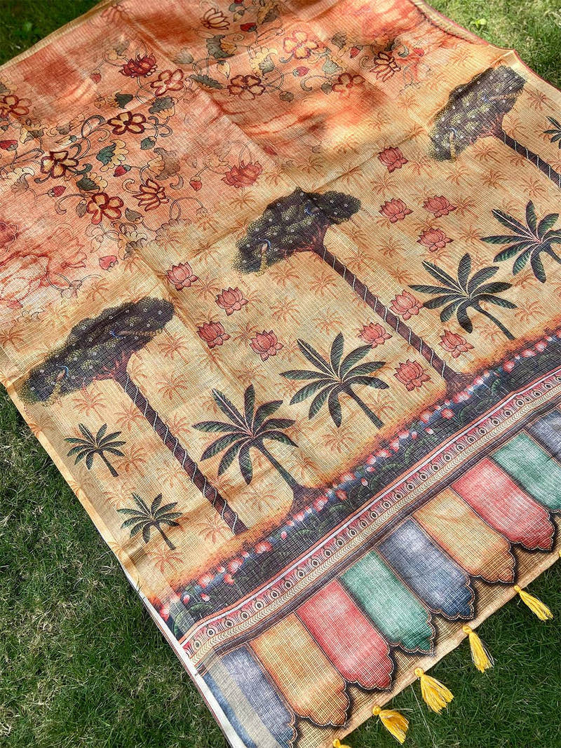 Orange Kota Doriya Silk Saree With Floral Print