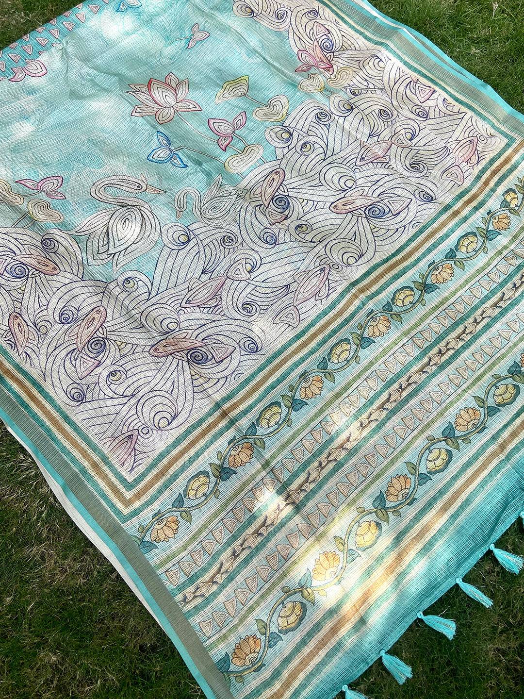 Soft Kota Doriya Silk Saree With Flower Kalamkari Print