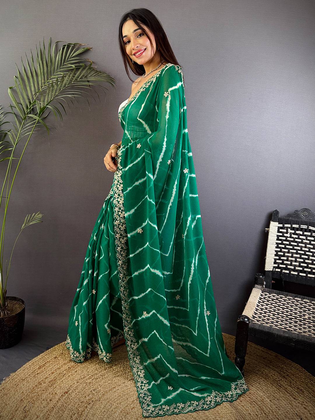 Green Soft Georgette Bandhej Print Saree