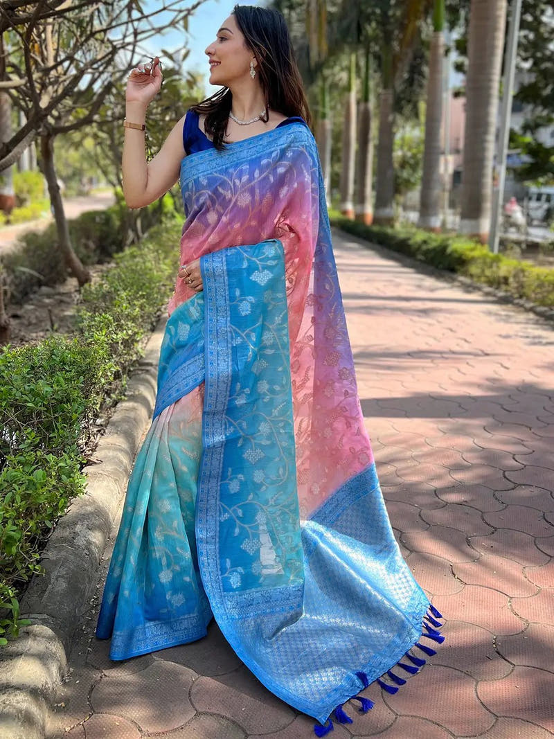 Woman showcasing stylish slub silk saree in vibrant colors