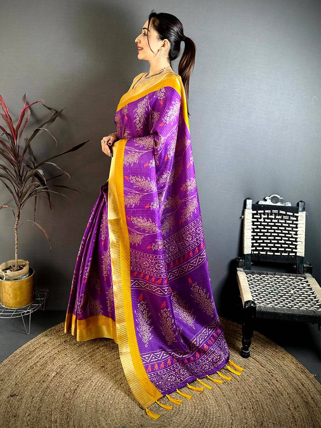 Purple Tussar Zari Chex Bird Motif Saree