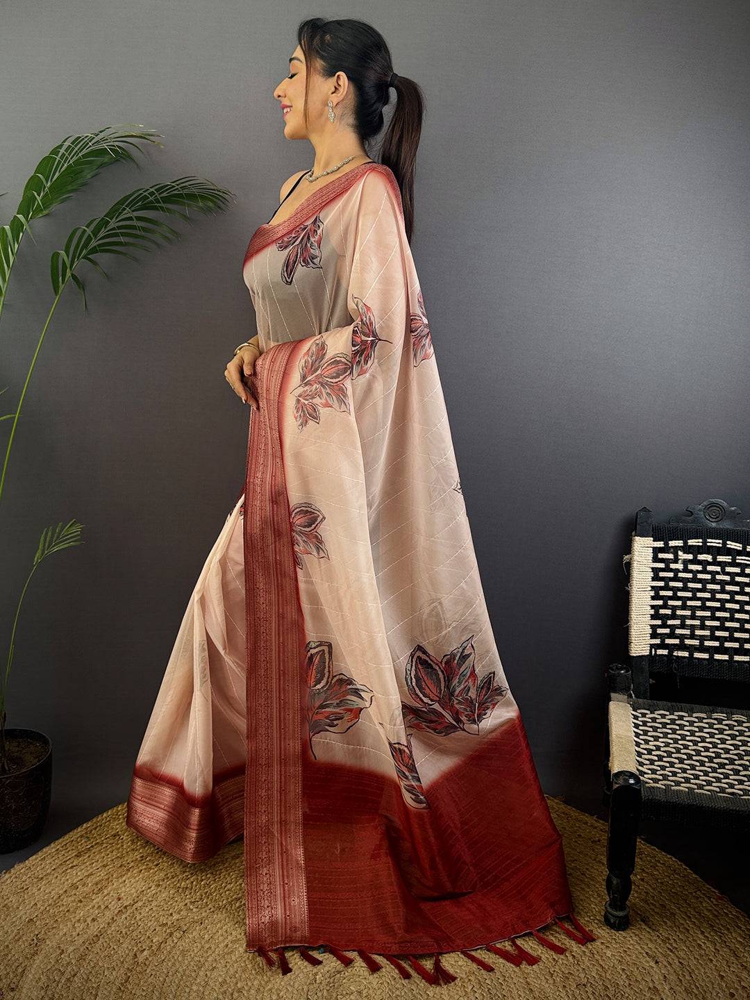 Beige Soft Organza Digital Print Saree