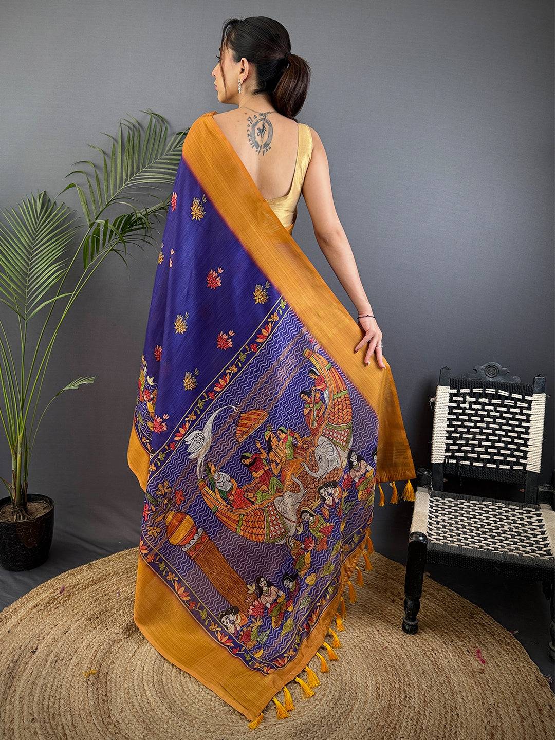 Purple Aari Pashmina Print Linen Saree