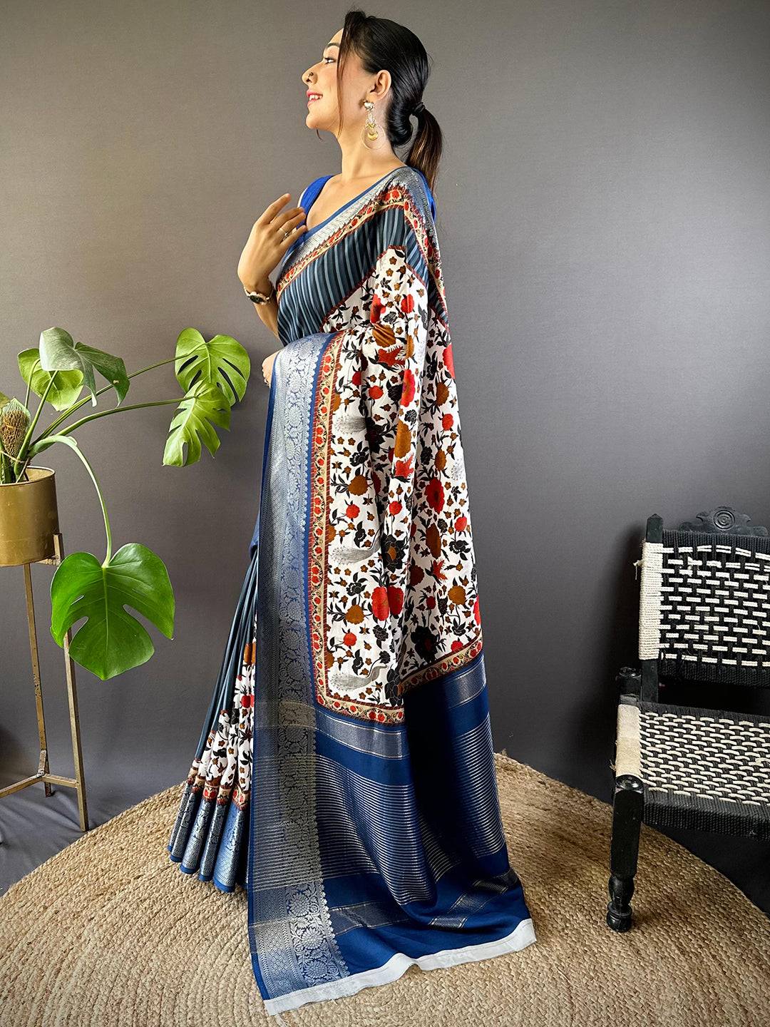 Blue Floral Peacock Fusion Saree