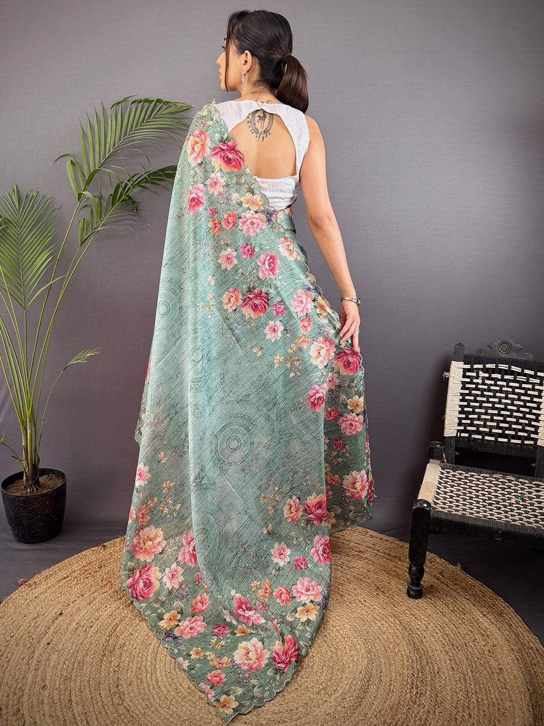 Mint Green Kota Doriya Floral Cut Work Saree