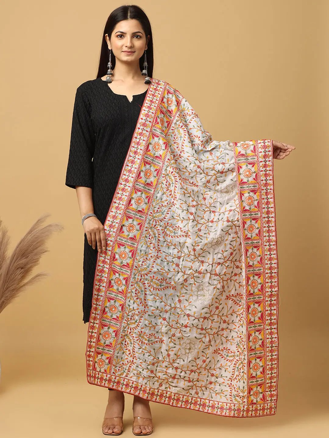 White poly chiffon pashmina dupatta with colorful threadwork