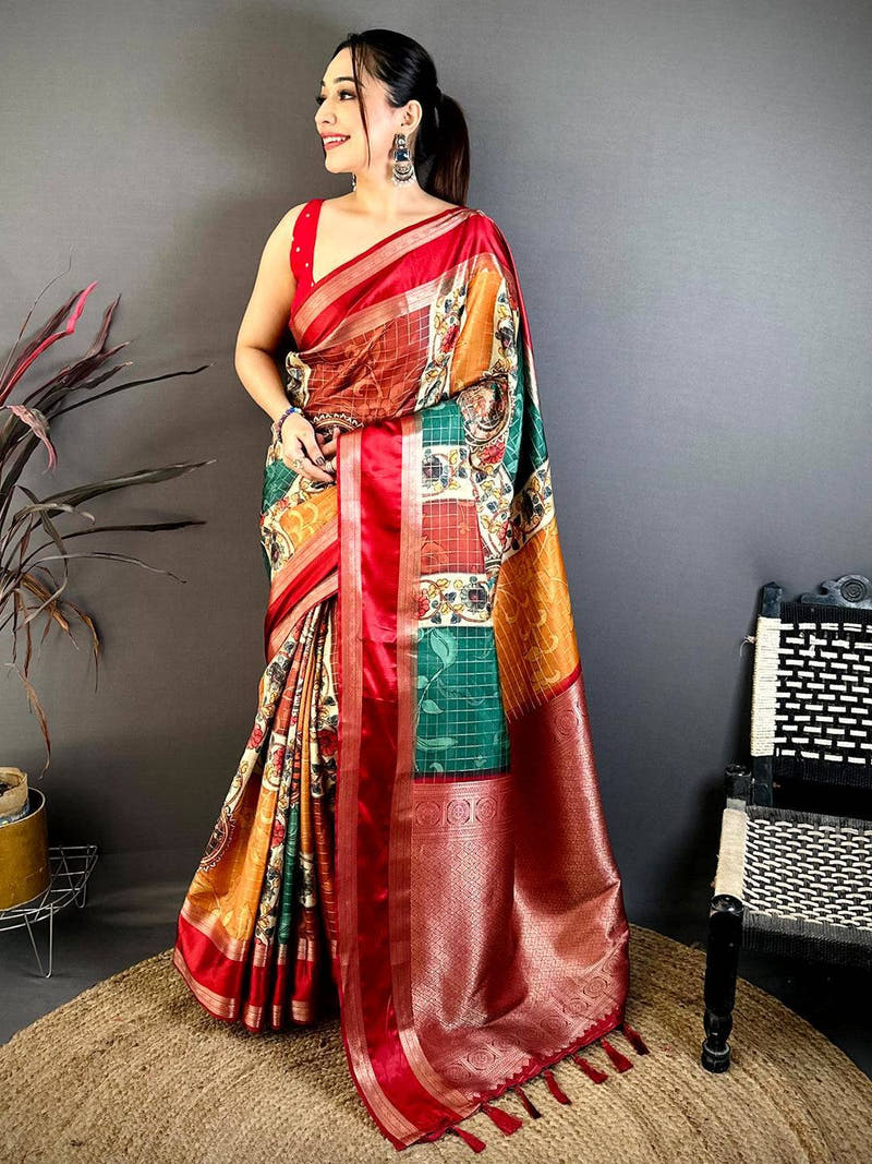 Multi Soft Silk Gadwal Kalamkari Saree
