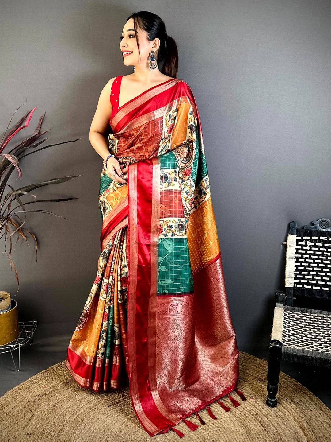 Multi Soft Silk Gadwal Kalamkari Saree