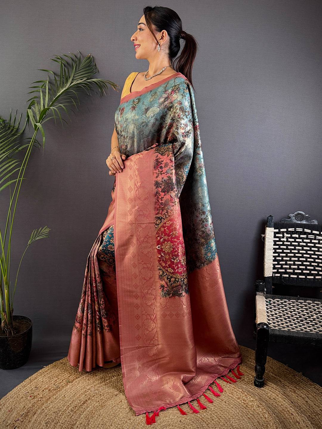 Regal Blue Kanjivaram Silk Digital Print Saree