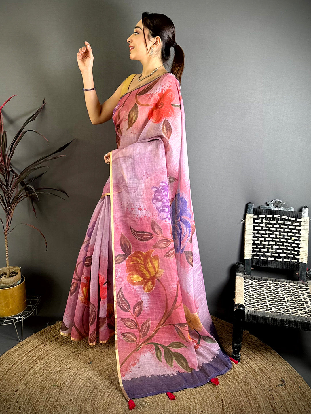 Pink Gold Zari Linen Chanderi Saree