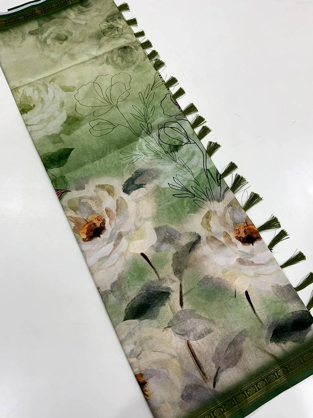 Sea Green Soft Silk Watercolor Floral Print Saree