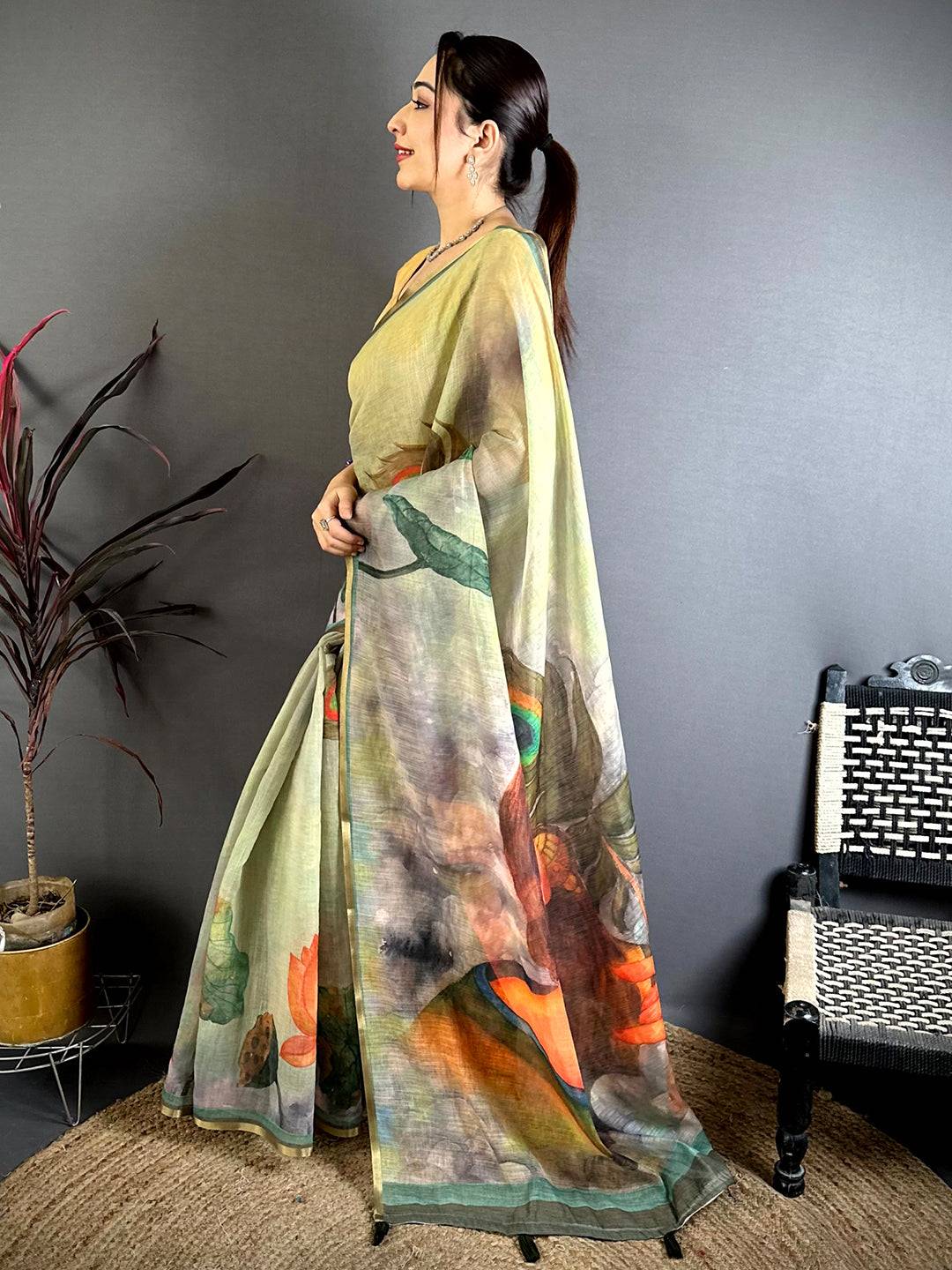 Olive Pen Kalamkari Linen Saree