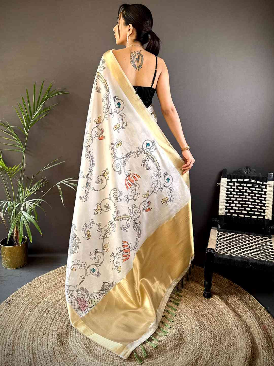 Artistic Pen Kalamkari Soft Tissue Silk Saree