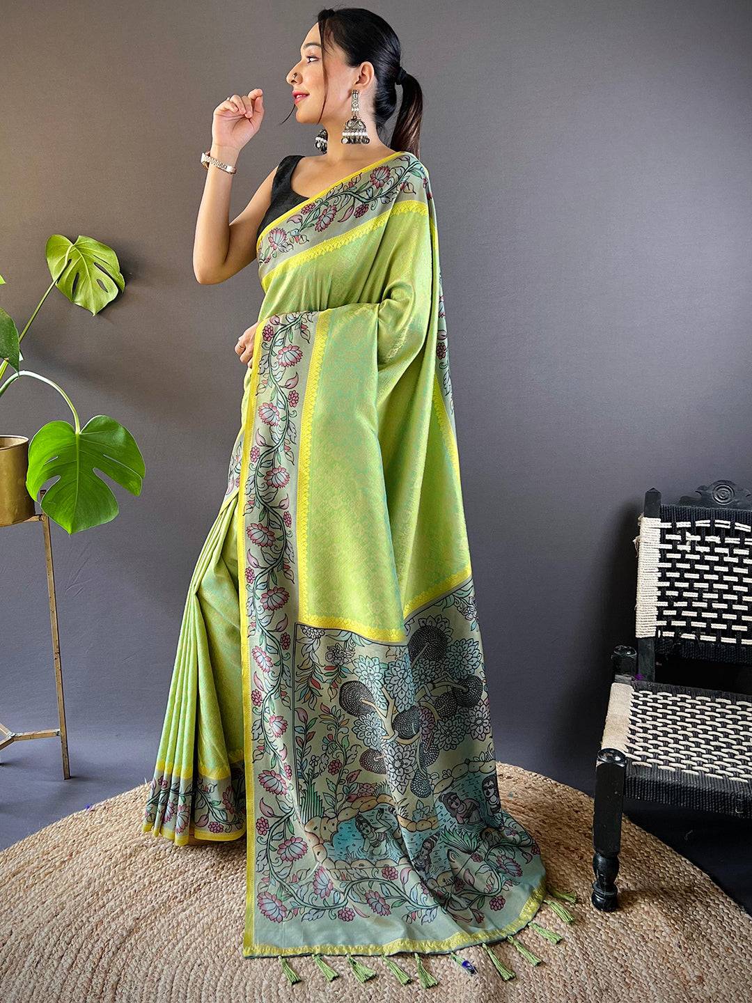 Lime Patola And Kalamkari Fusion Saree