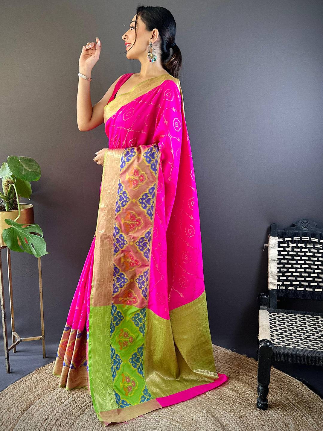 Pink Katan Silk Ikkat Saree