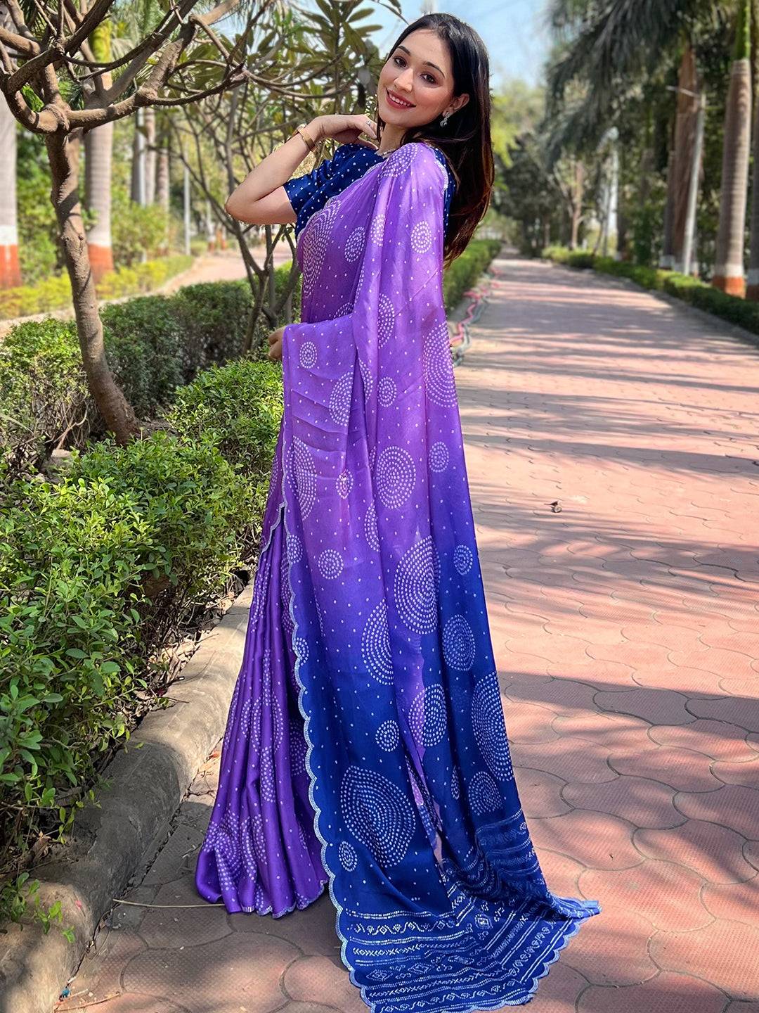 Georgette Silk Saree with Ombre Bandhej Print & Stone Work
