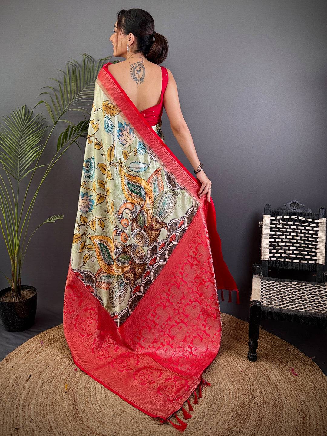 Ivory Kalamkari Printed Soft Satin Saree