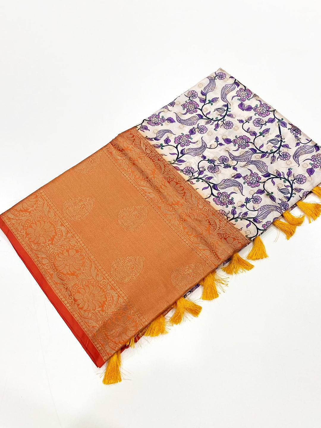 White Floral Printed Banarasi Silk Saree