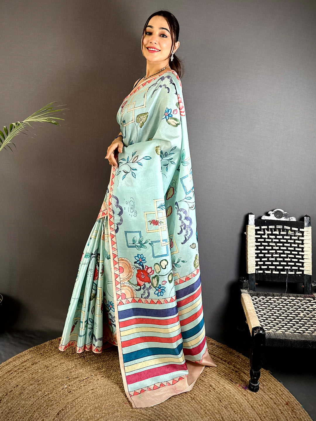 Sky Blue Semi Tussar Striped Pallu Saree