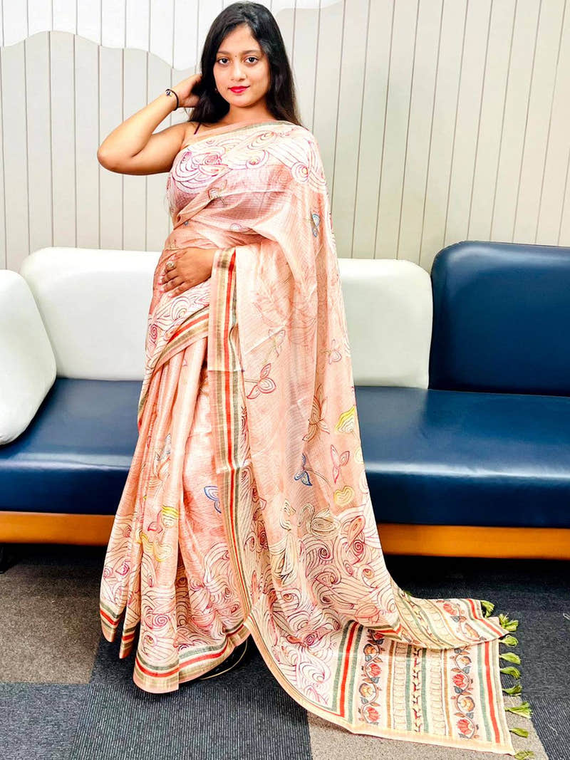 Peach Kota Doriya Silk Saree With Floral Kalamkari Print